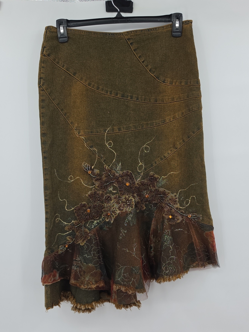 Blossom By Grace Y2K Boho Embroidered Olive Green Floral Midi Skirt Size L